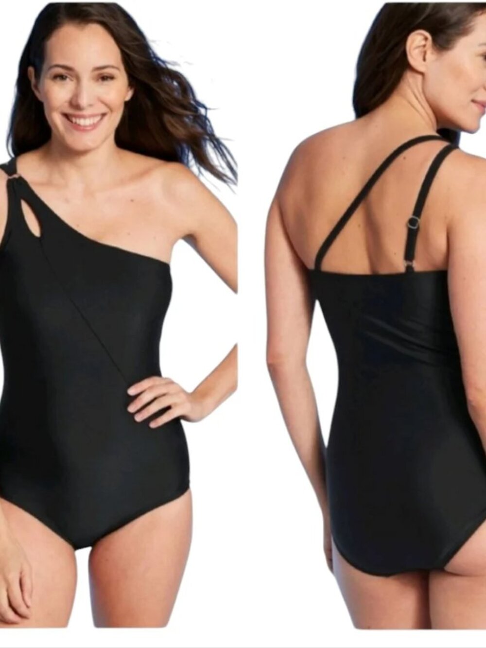 EUC Lands' End Black Chlorine Resistant Tummy Control One Shoulder Swimsuit 6